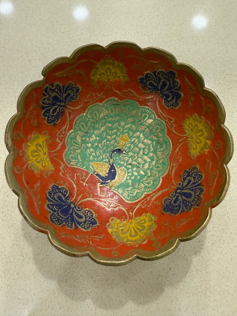 Hand-Painted Peacock Decorative Bowl in Coral and Teal